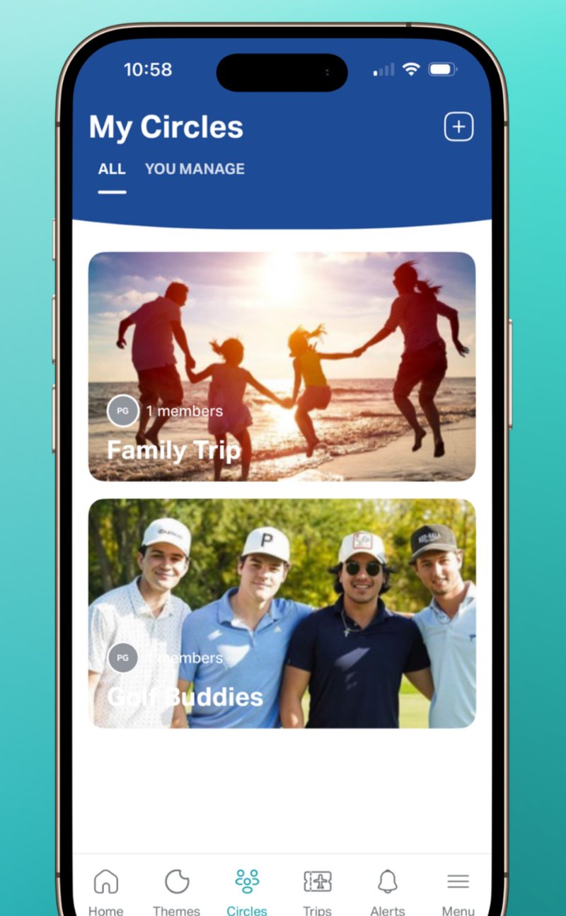 Copolo My Circles screen showing a Family Trip and a Golf Buddies group.