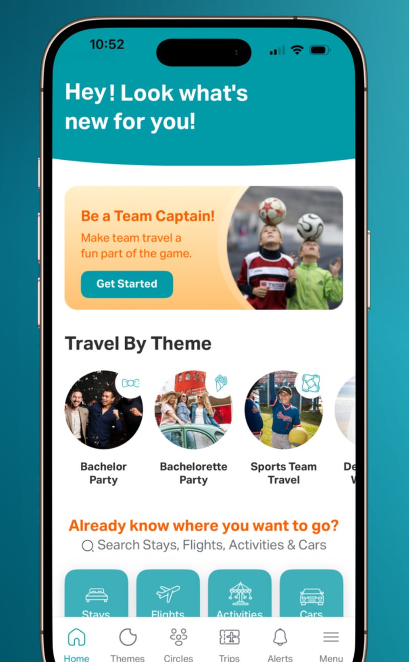 Copolo home screen showing a 'Be a Team Captain' promo and trip themes like Bachelor Party and Sports Team Travel.