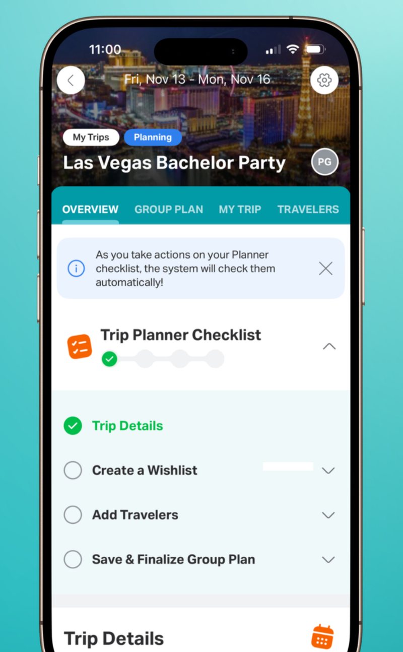 Copolo trip planner checklist for a Las Vegas Bachelor Party, with steps like Trip Details and Add Travelers.