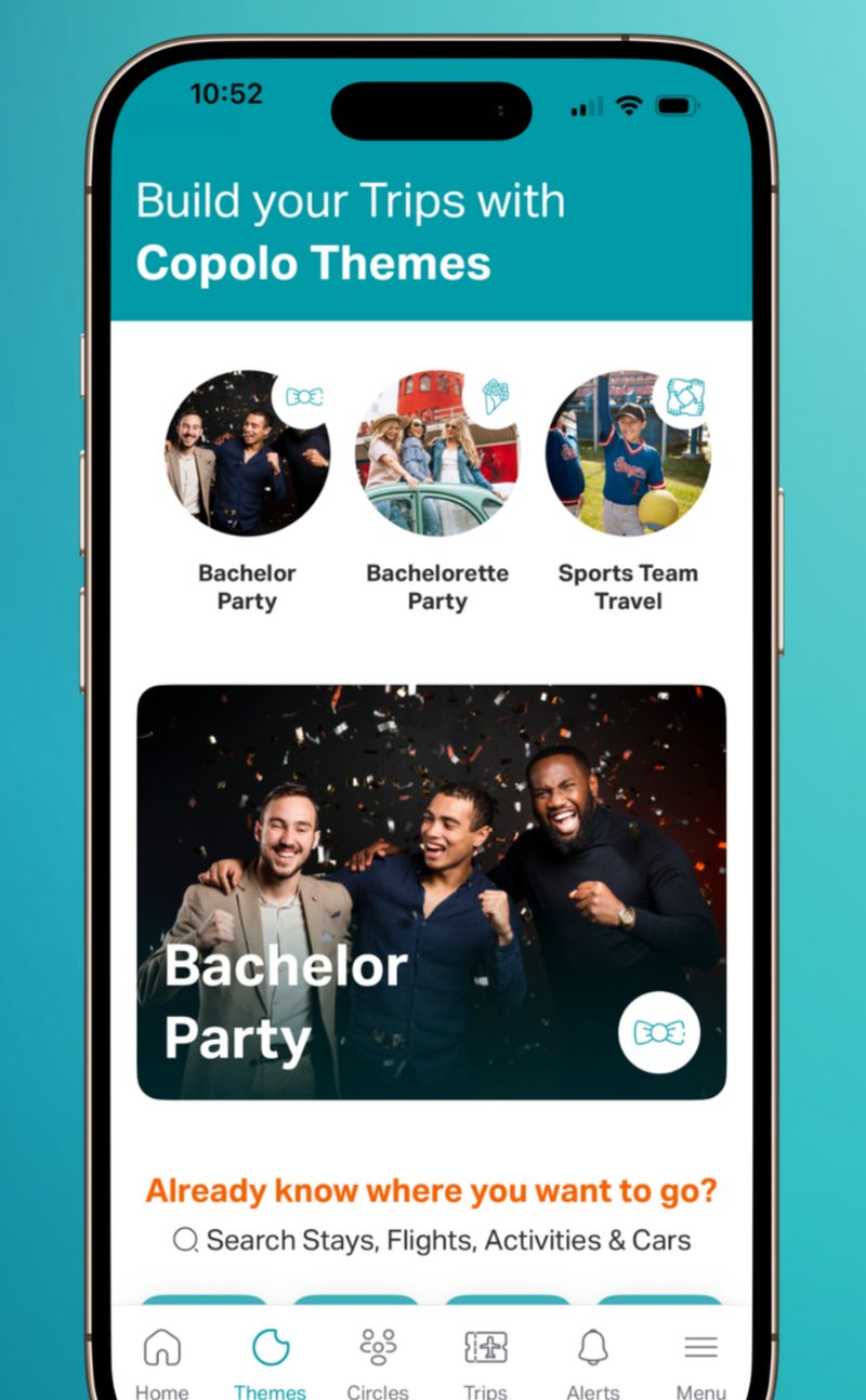 Copolo trip themes screen, with a Bachelor Party theme card showing a group of friends celebrating.